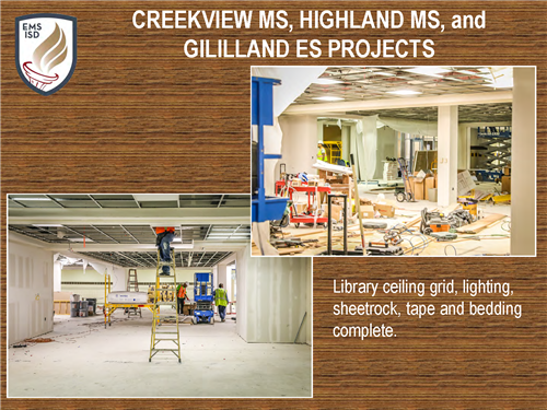 Two photos of library ceiling grid, lighting, sheetrock, tape and bedding complete. 